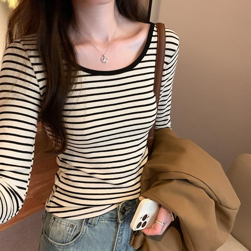 Contrast Color Striped Large Round Neck Long-sleeved T-shirt for Women In Autumn New Elastic Slimming Inner Layered Shirt Top