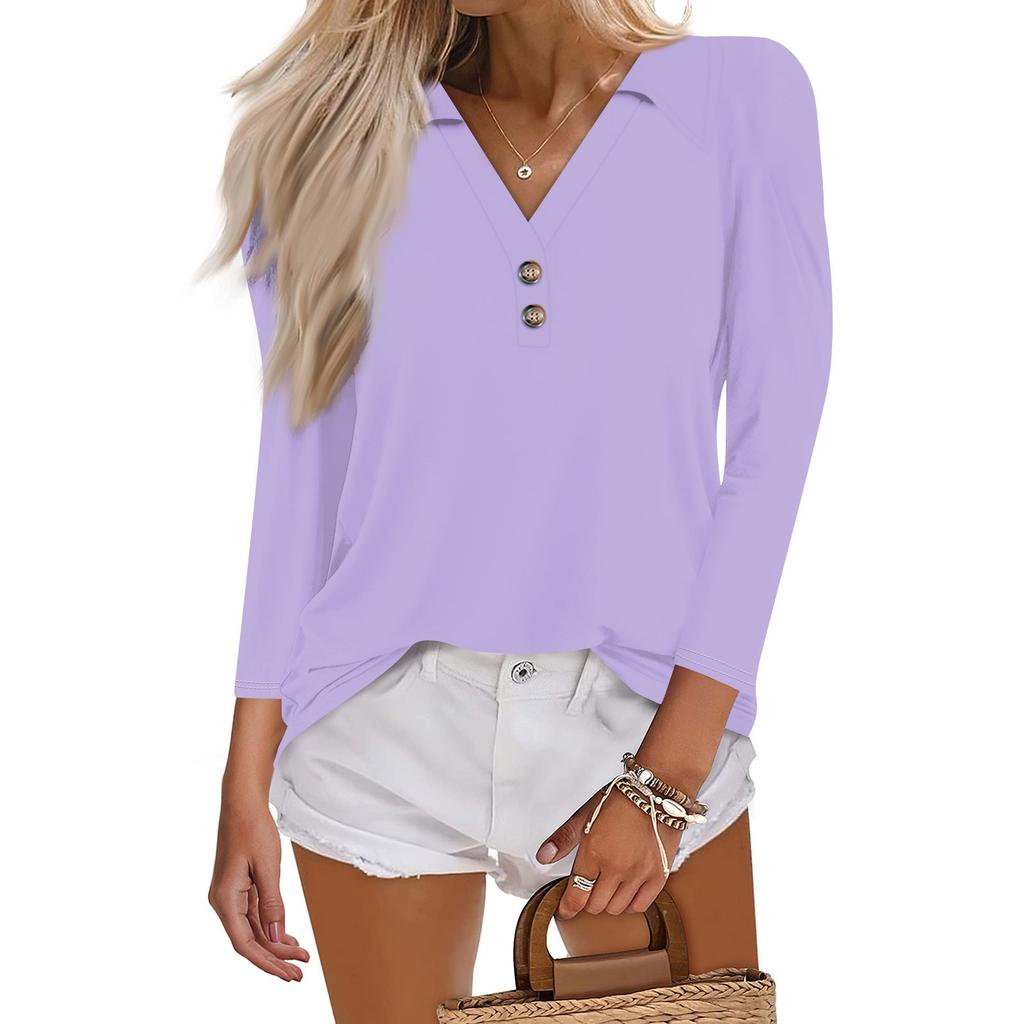 Женская летняя модная повседневная однотонная рубашка с v-образным вырезом и воротником на пуговицах с семиточечным принтом, топ