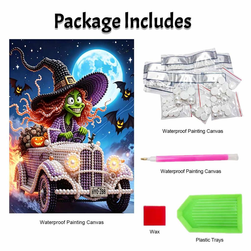 Halloween pearl painting art full pearl handmade diy home decorations witch driving car with pumpkin