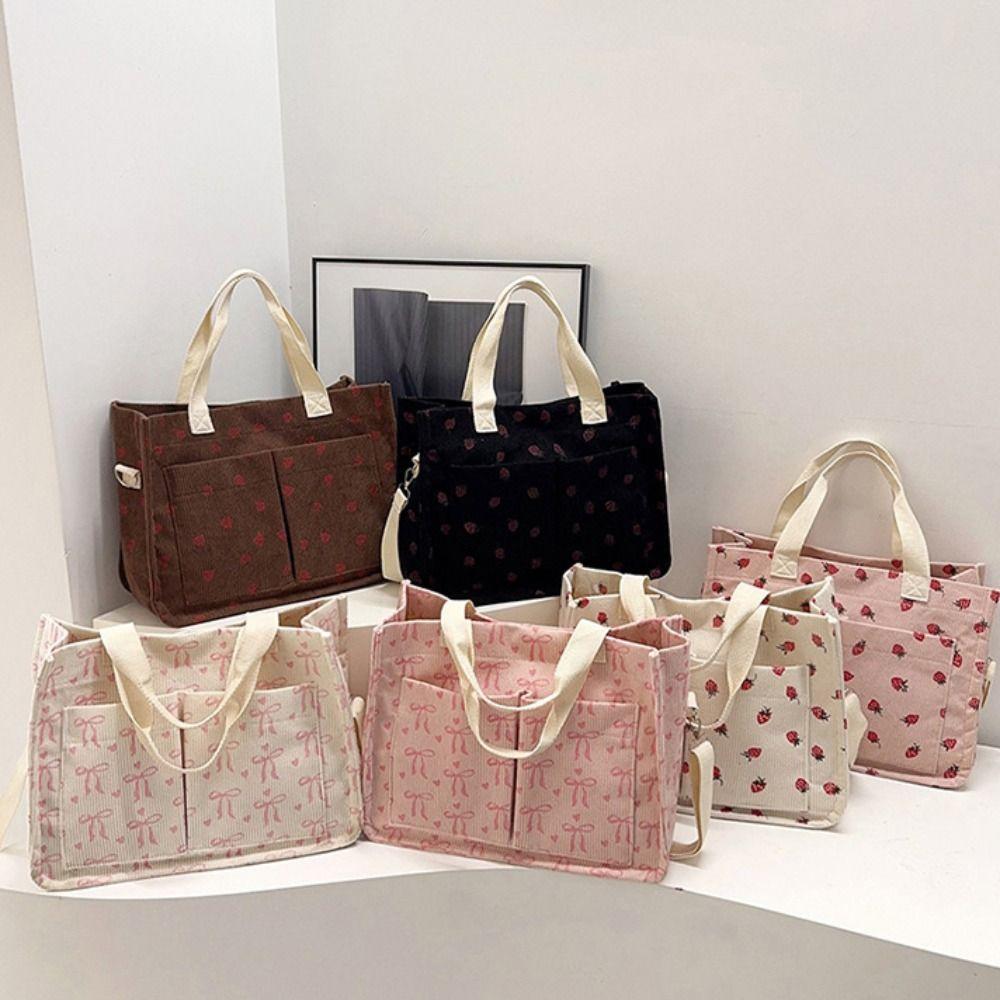 Printied Bow Tote Bag Cute Corduroy Handbag Sweet Travel Bag Travel
