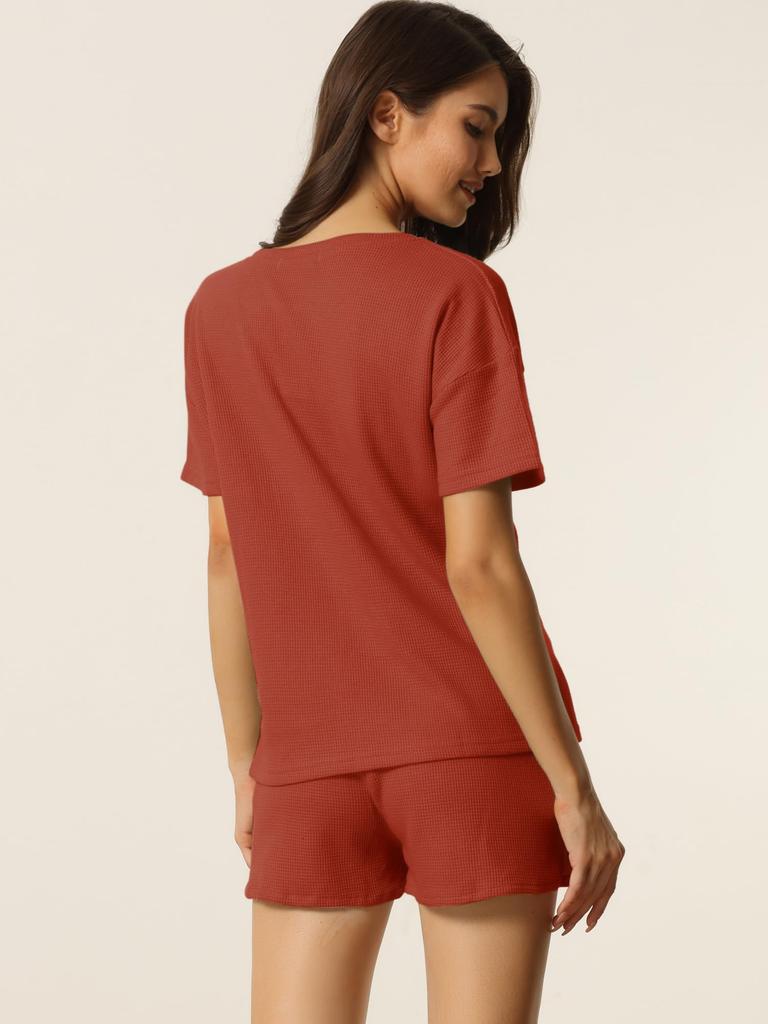 Короткий пуловер для отдыха с S [cheibear] Ночная одежда, Однотонный, Комплект, Рукава, Шорты, Бегун, Лето, Спортивный костюм, Женский, Красный,