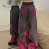 Women Jeans Vintage Pink Graffiti Wide Leg Loose Contrast Color Denim Pants Zipper Button Closure Hip Hop Streetwear Straight Trousers