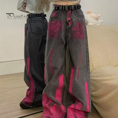 Женские джинсы Винтажные розовые граффити Широкие брюки Свободные контрастные цвета Джинсовые брюки Застежка-молния на пуговицы Хип-хоп Уличная одежда Прямые брюки