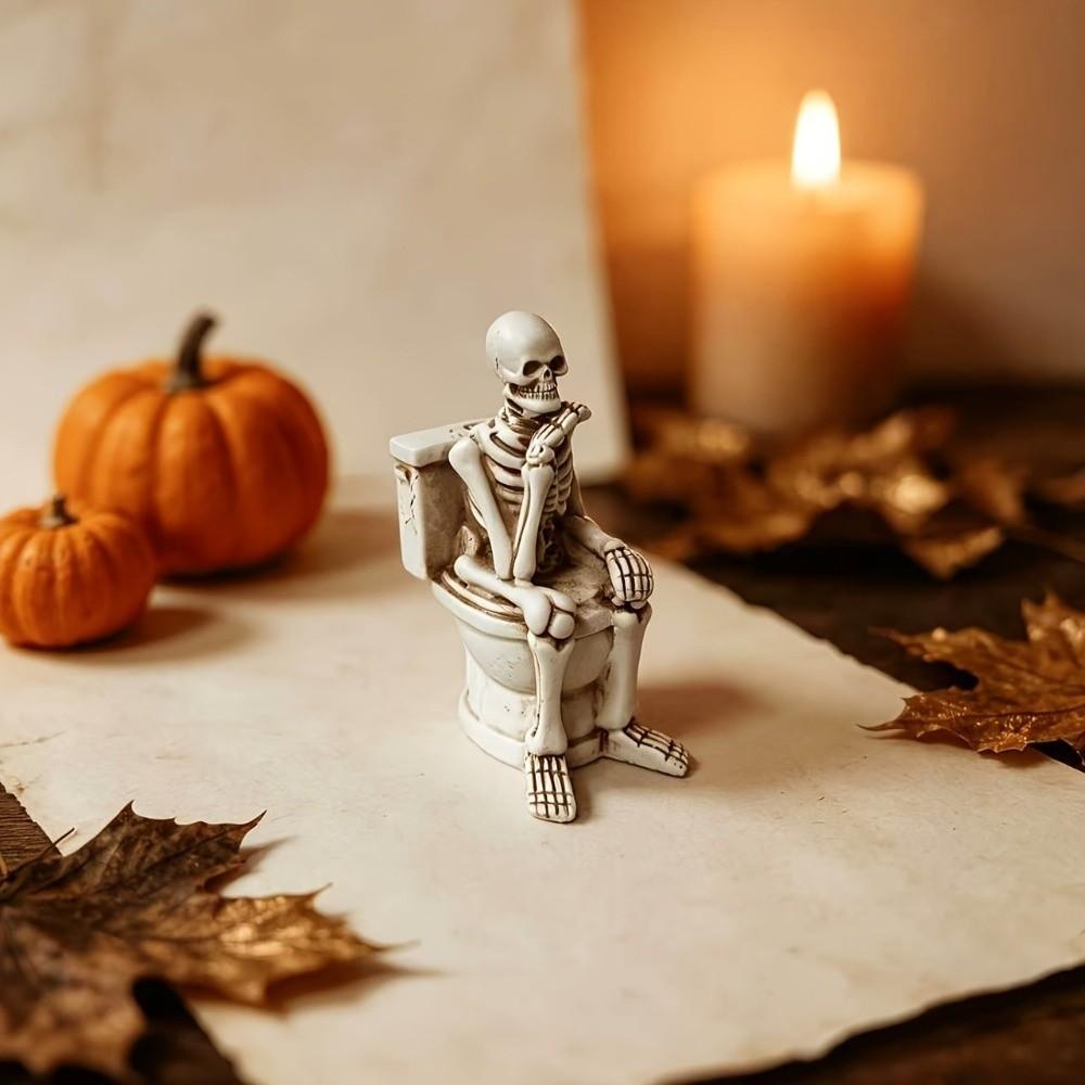 Resin Halloween Skeleton Statue Vintage Mini Toilet Skeleton Sculpture Novelty Gift