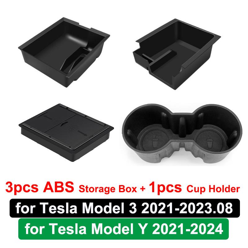 For Tesla Model Y 3 Center Console Storage Organizer Box Tray Armrest Hidden Box Bins Cup Holder Auto Interior Accessories