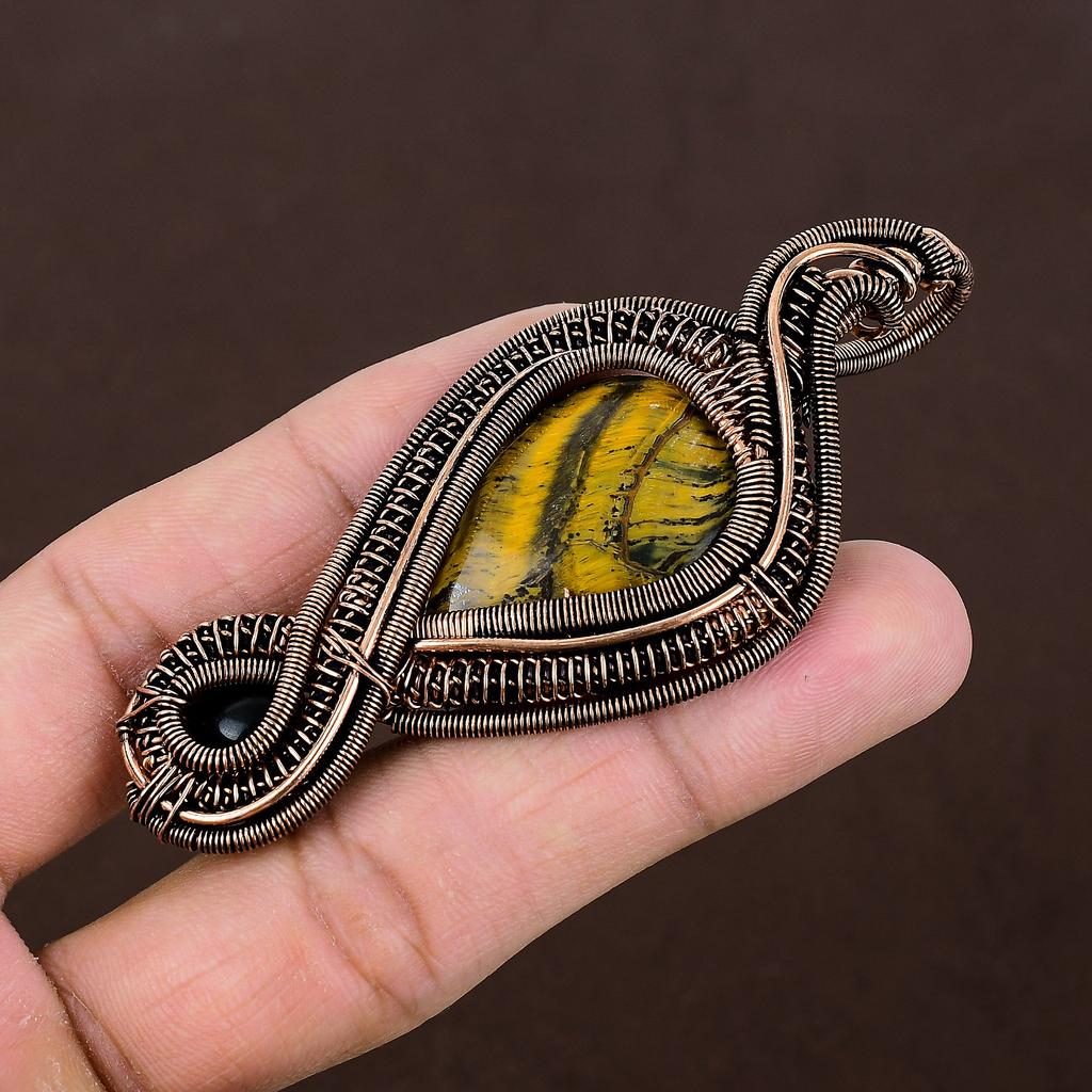 Подвеска ручной работы из медной проволоки, натуральный тигровый глаз, черный оникс, 3,35 дюйма h5g76