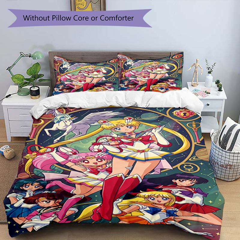 3pcs Duvet Cover Set (1*Duvet Cover + 2*Pillowcase, Without Core), Sailor Moon Print Bedding Set, Bedroom Decor, All‑Season, Birthday Gift