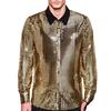 Men Retro Sequin Shirt Glittery Button-up Long Sleeve Lapel Shirt