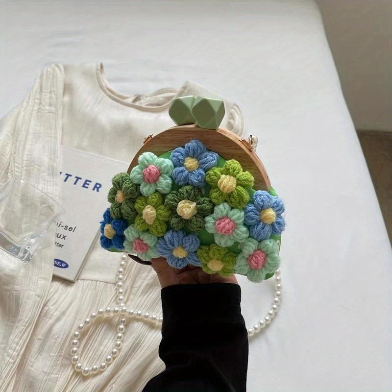 Ретро Деревянный Клатч Сумочка Модная Вязаная Сумка Крючком для Женщин Тренд Имитация Жемчужной Цепочки Сумка Кроссбоди Женская Вязаная Сумка Клатч