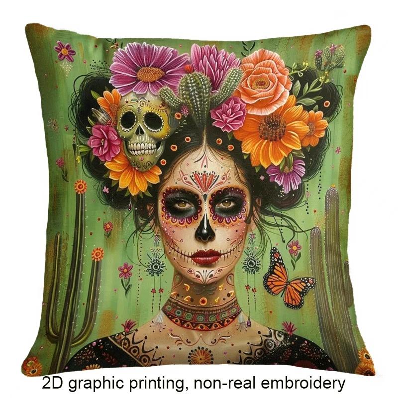 2D Flat - 1pc 2D Graphic Printed Mexican Portrait Floral Skull Design Double-Sided Pillowcase | Zipper Closure, Machine Washable, Polyester, Suitable