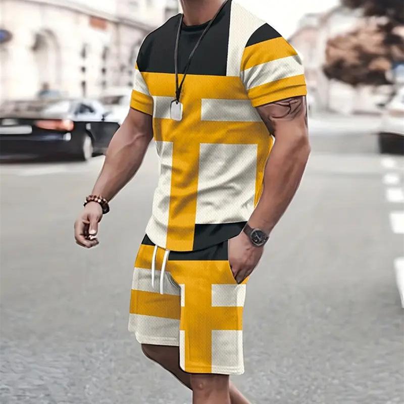 Line Splicing 3D Print T-Shirts Shorts Sets Men's Tracksuits Summer Oversized Short Sleeve T Shirt Pants Set Man Suits Clothing