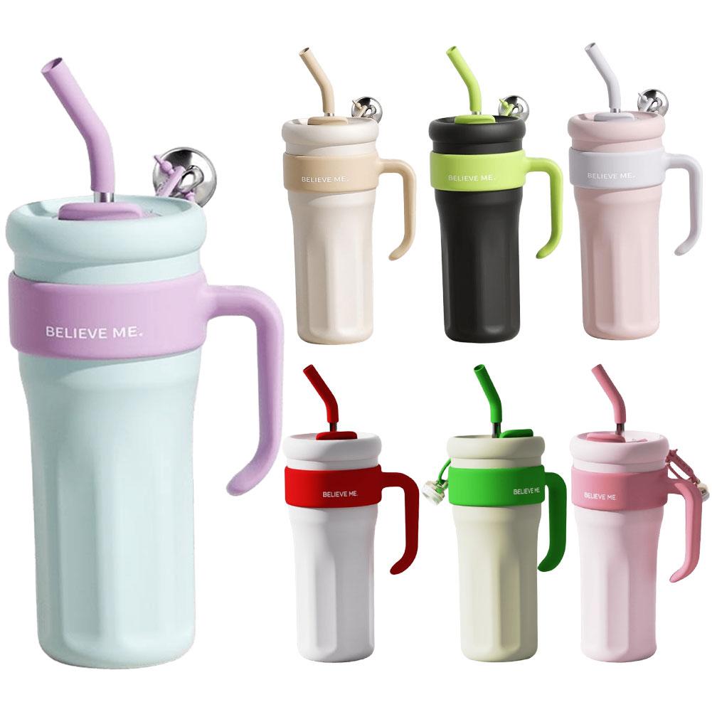 1.25L Insulated Mug Thermal Water Cup with Handle and Straw Cold Drink Bottle Stainless Steel Sports Bottle for Fitness Travel