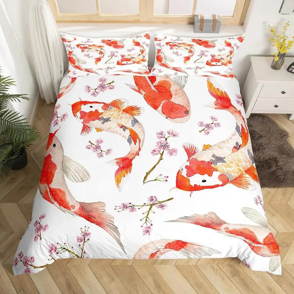 Koi Fish Duvet Cover Set Carp Tie Dye Bedding Sets Traditional Chinese Ink Art Bedspread Lotus Leaf Nature Quilt Cover Full Size