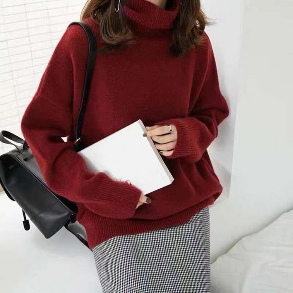 Women Sweater High Collar Long Sleeve Solid Color Knitting Tops Loose Fit Thickened Pullover Sweater Knitwear
