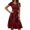 Women's Fashionable Retro Patterned Printing Color Blocked Belt Casual Dress