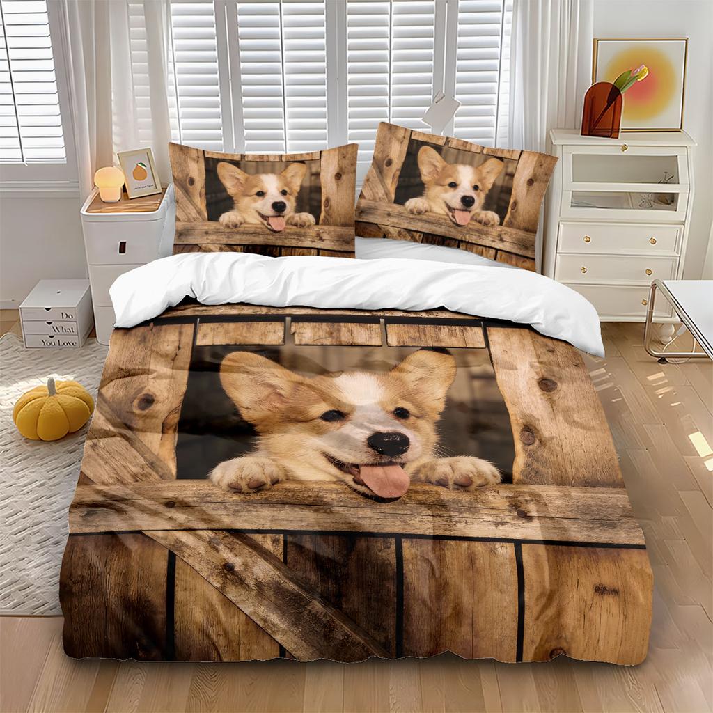 3pcs Cute Puppy Animal Print Soft Coreless Duvet Cover Set, Multi Size Bedroom Bedding Decoration, Machine Washable