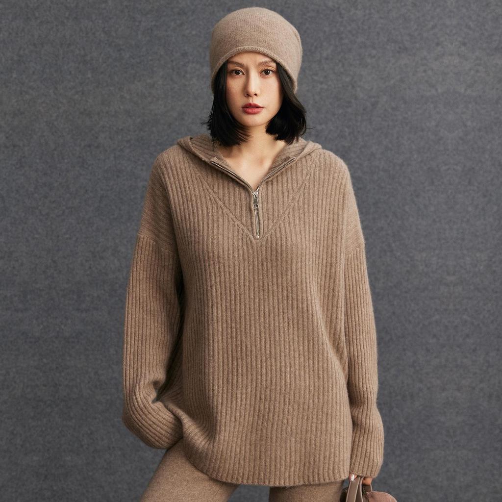 Women's Thickened Knit Cashmere Half-Zip Hoodie – Long Sleeve, Trendy Autumn/Winter Style