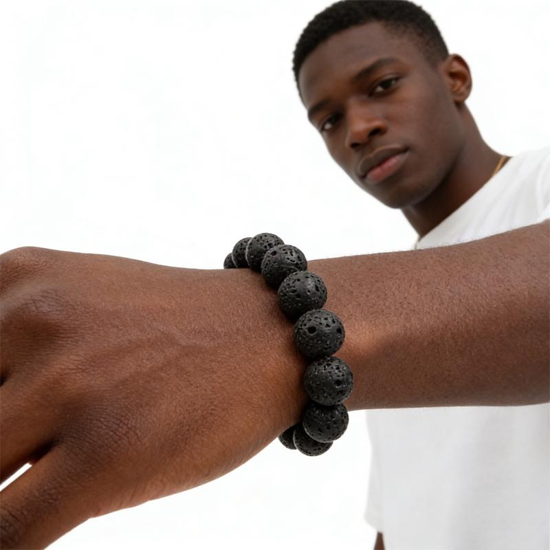 Men's Dark Style Volcanic Stone Beaded Bracelet Trendy Natural Jewelry Minimalist Luck-Bringing Bangle Hand Diffuser
