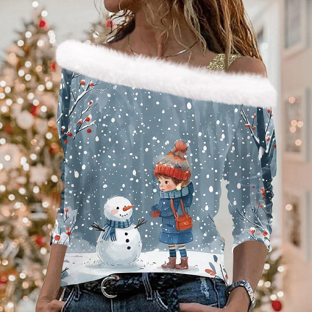Женский повседневный свободный топ с длинными рукавами и рождественским принтом из плюша