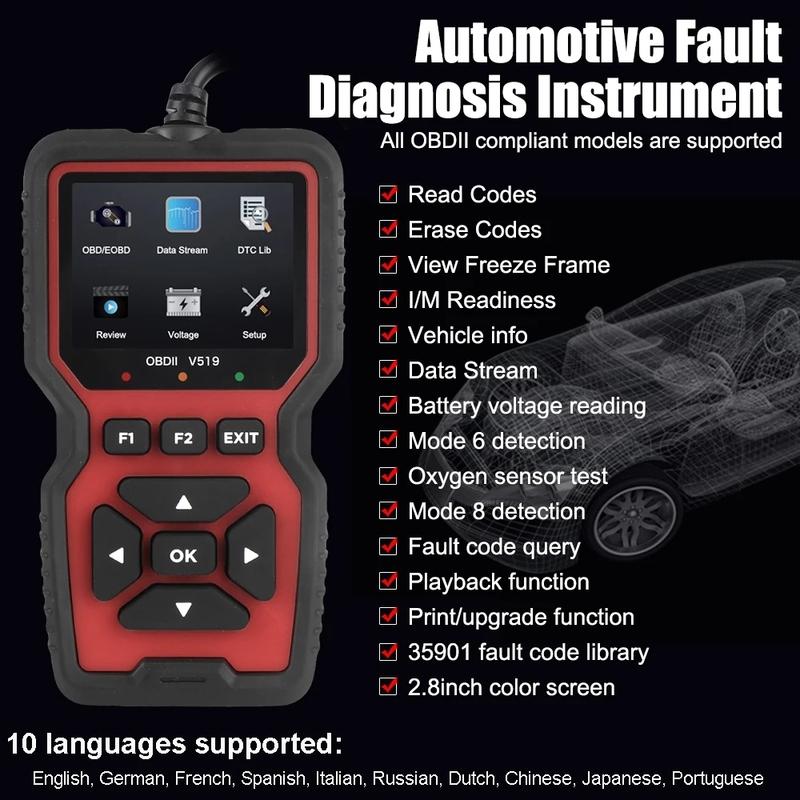 2026 Чтение данных об ошибках двигателя OBD2 Сканер V519 Elm327 Детектор напряжения аккумулятора Автомобильный прибор для диагностики неисправностей