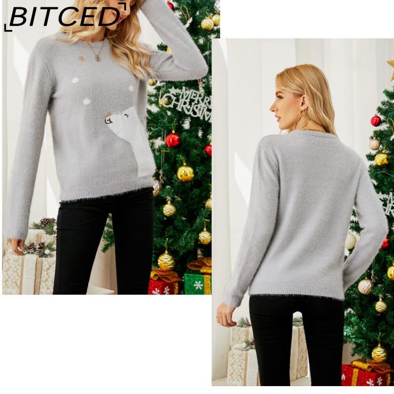 BITCED Knitted Top Christmas Cartoon Jacquard Knit Sweater Embroidered Bear Christmas Jumper