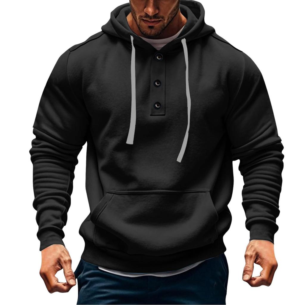 Mens  Hoodies Vintage Casual Quarter Button Up Hooded Workout Sweatshirts Fall Winter Pullover Hoody