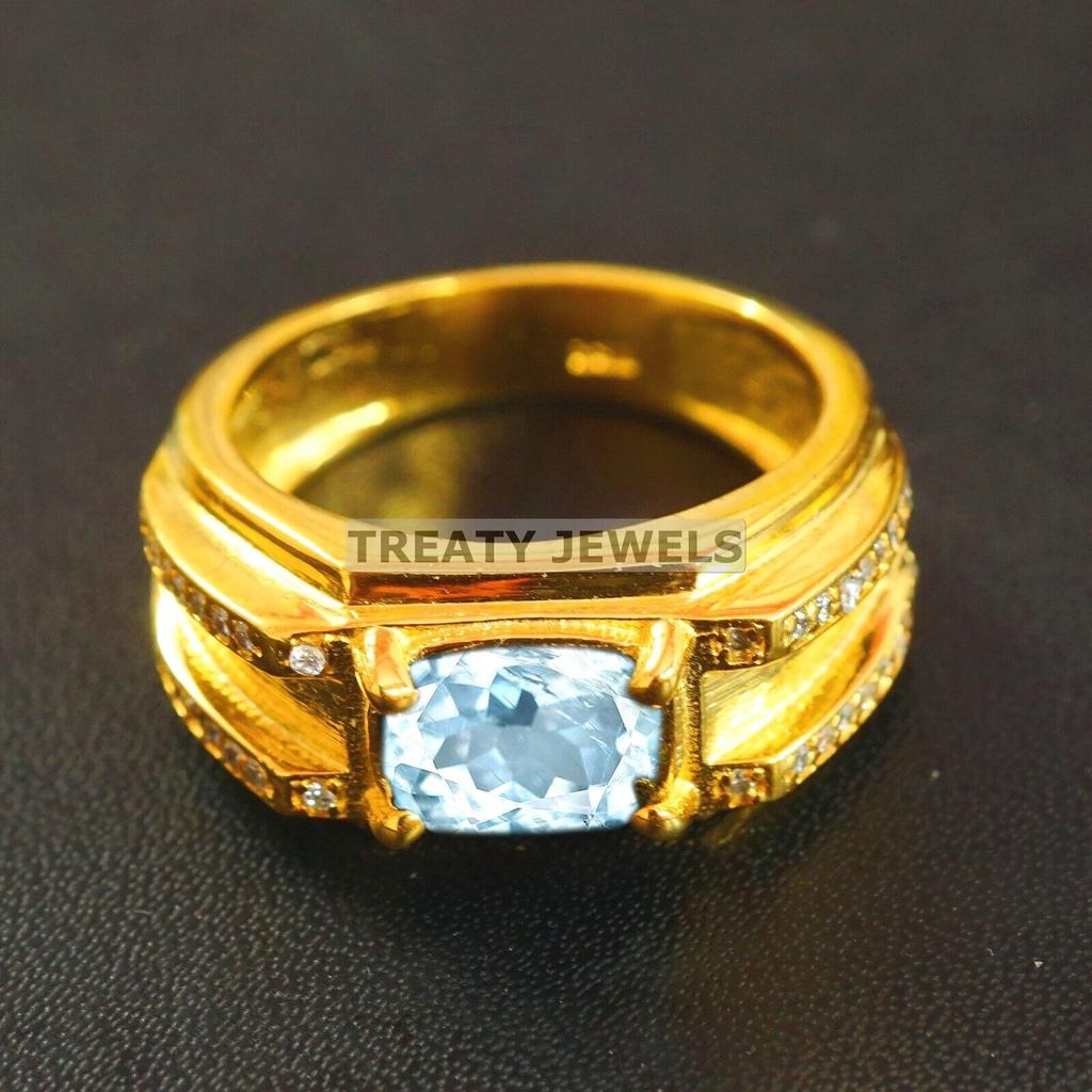 Aquamarine Oval Cut With 925 Sterling Silver Gold Plated Ring For Men's #A737 JL375659043641
