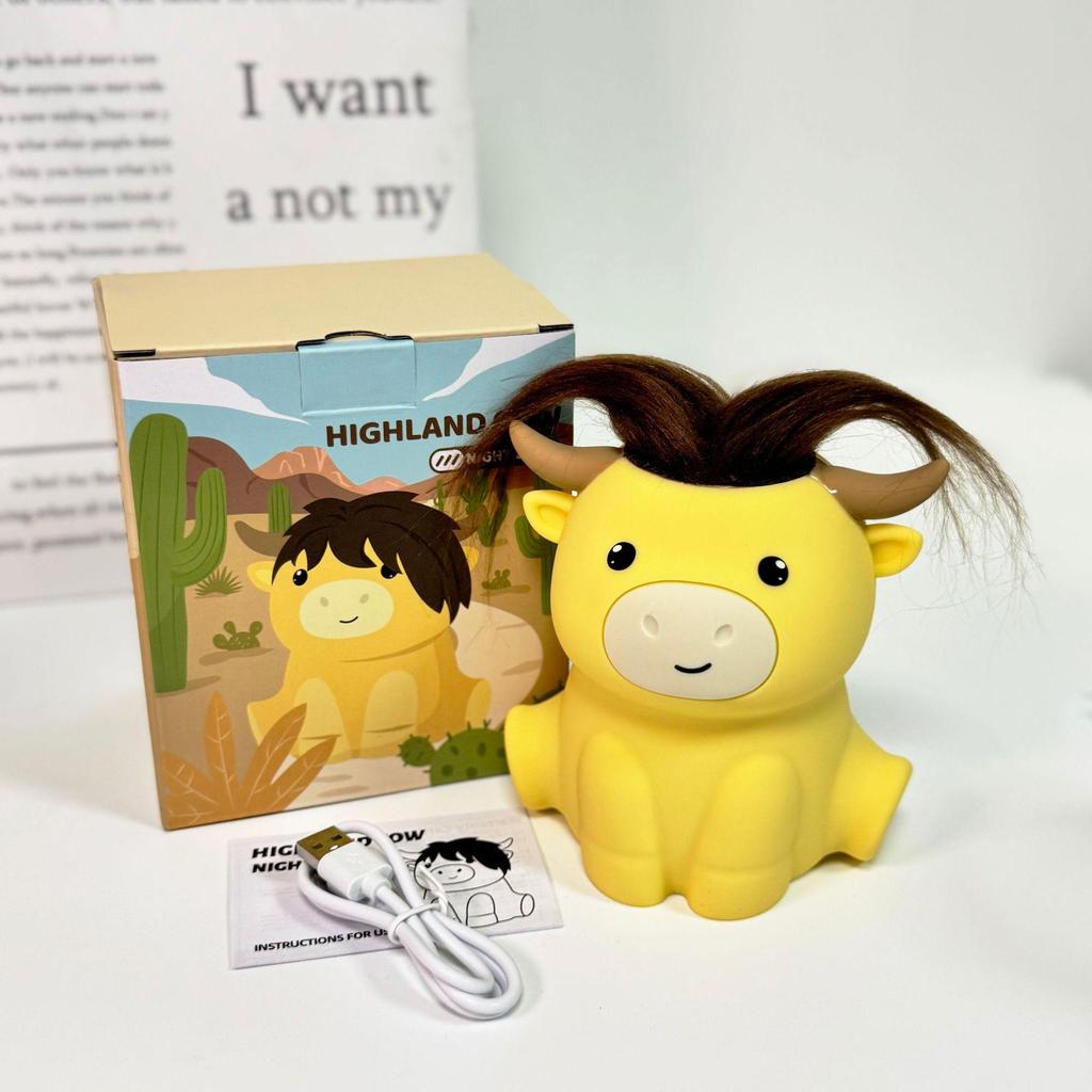 Силиконовый ночник «Корова Хайленд» для защиты глаз - USB-зарядка, Активация касанием, Милый прикроватный светильник
