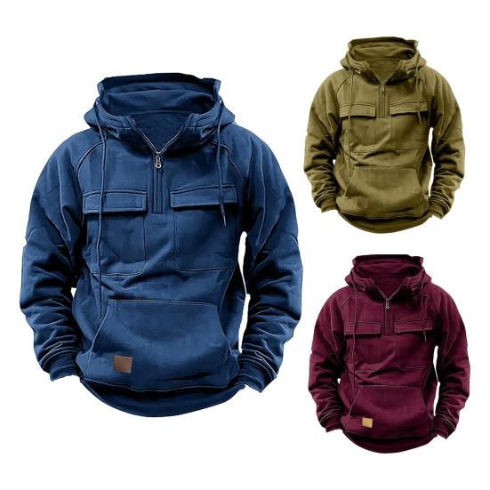Yousheng весна-осень мужская толстовка с капюшоном в стиле карго с завязками на шнурке, большим накладным карманом, полумолнией, длинными рукавами, однотонная повседневная спортивная одежда