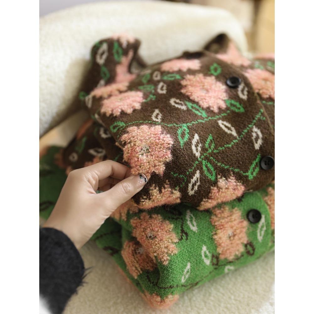 Dimanaf 2025 Winter Sweaters Flower Cardigan Autumn Women Print O-Neck Bat Sweaters Knitting Loose Sweater Green
