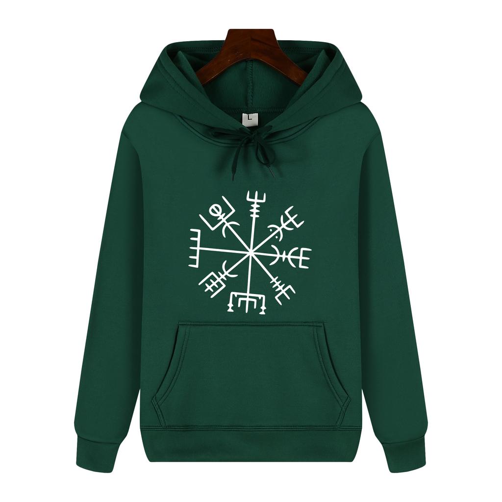 Nordic Mythology Viking Vegvísir Rune Compass Pattern Hoodie Loose-Fit Graphic Pullover