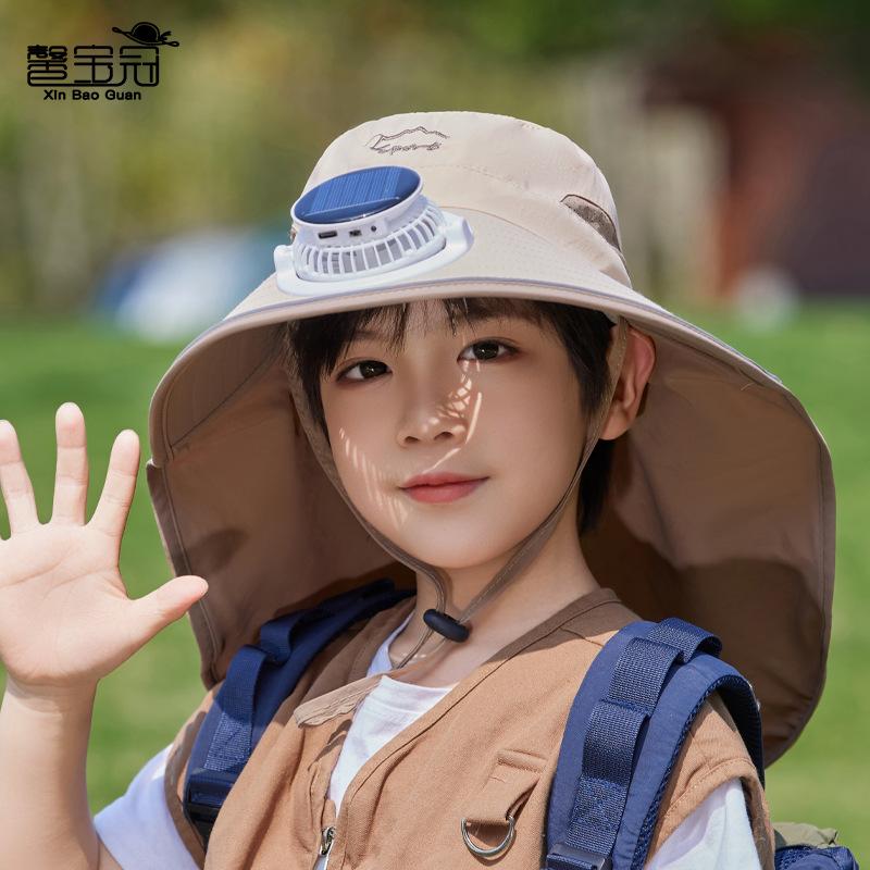 Children's hats summer boys and girls outdoor sun protection hat eaves shawl bucket hat solar fan sun hat