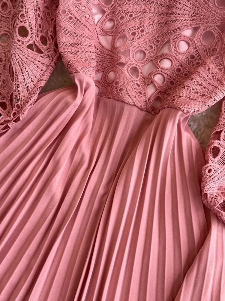 Pink Crochet Lace Hollow Out Embroidery Patchwork Pleated Dress New Summer Women O Neck Lantern Sleeve Slim Holiday Party Dress