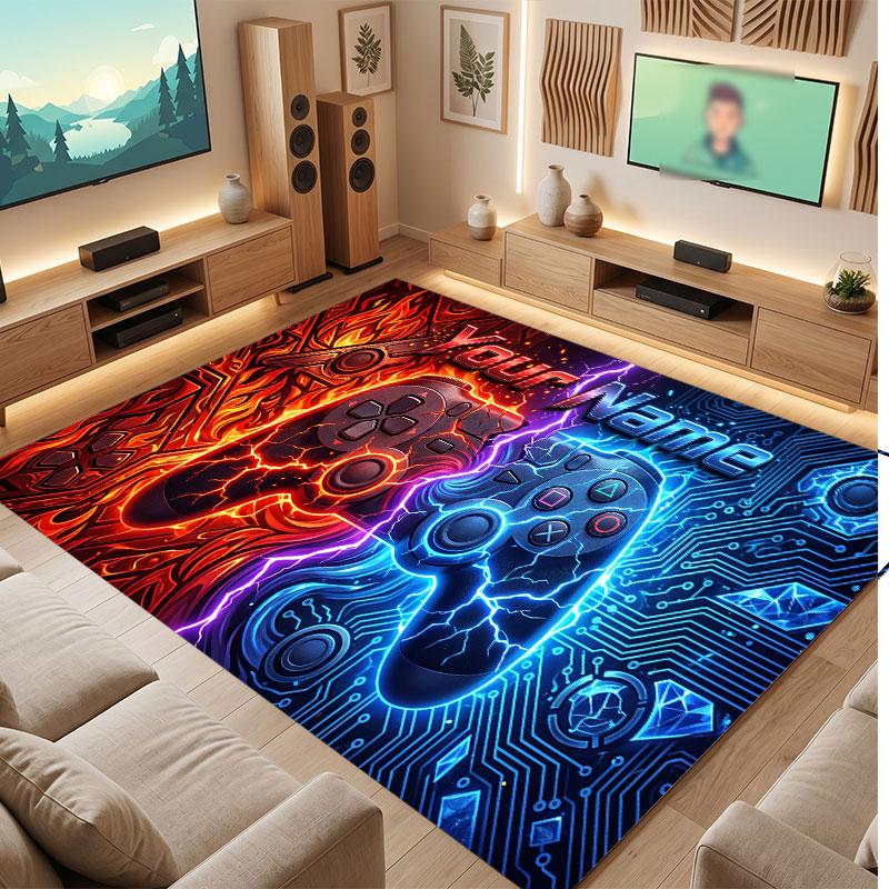 Game Controller Theme Crystal Velvet Floor Rug Personalized Custom Name Text Warm Carpet Home Decoration
