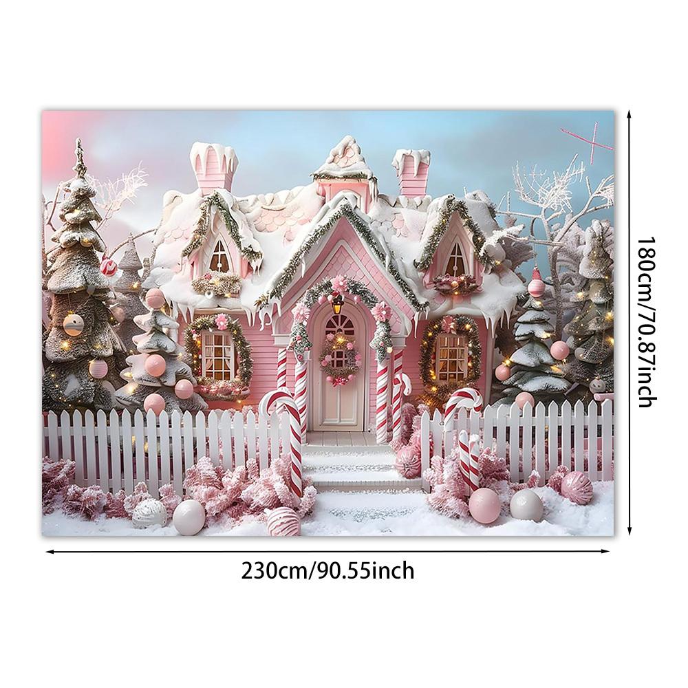 2D flat 1pc pink Christmas house background with candies and snow scenes - banner for holiday parties weddings birthdays