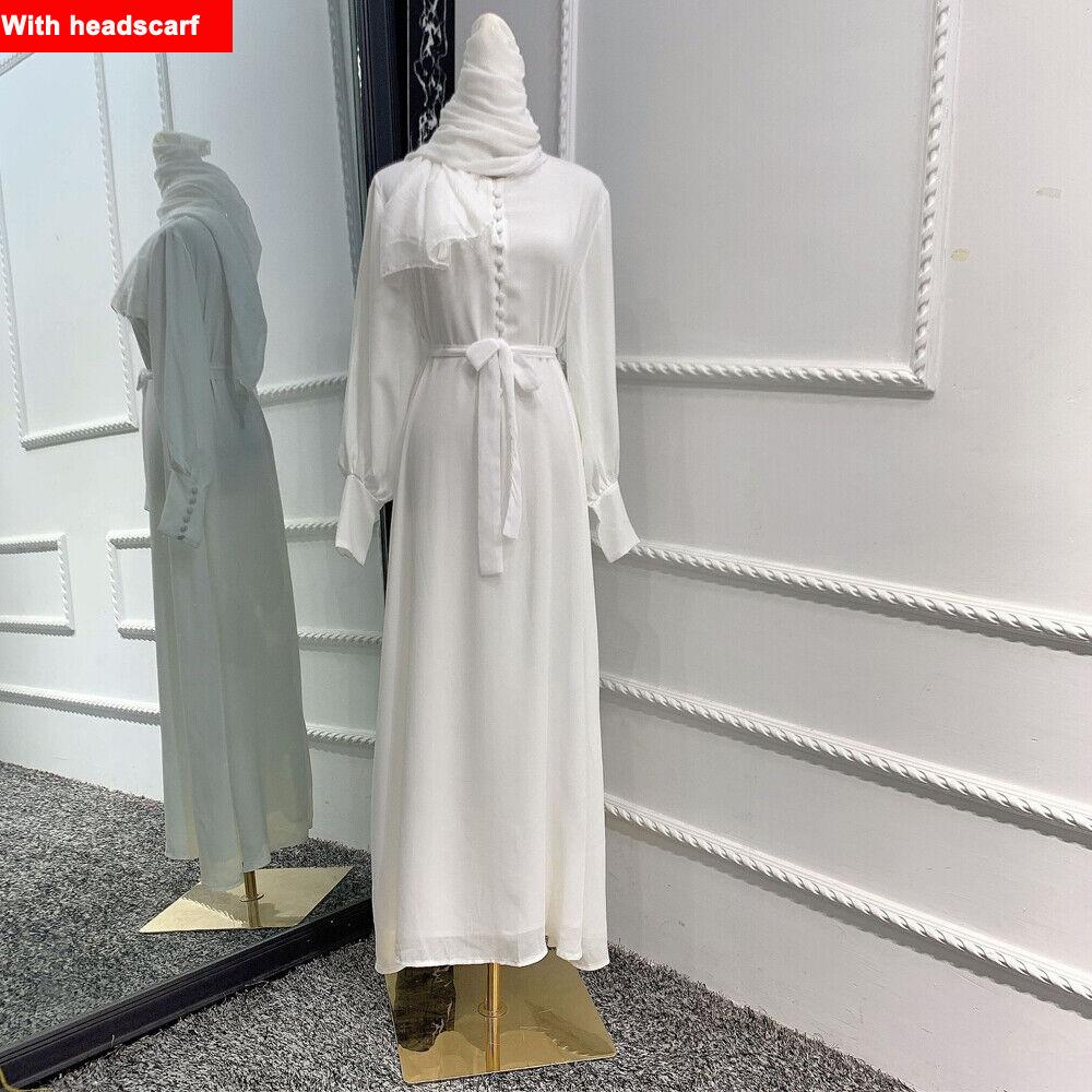 Muslim Women Soft Chiffon Long Skirt Solid Color Maxi Dress Baju Raya Jubah Muslimah Kaftan Long-sleeved Dress