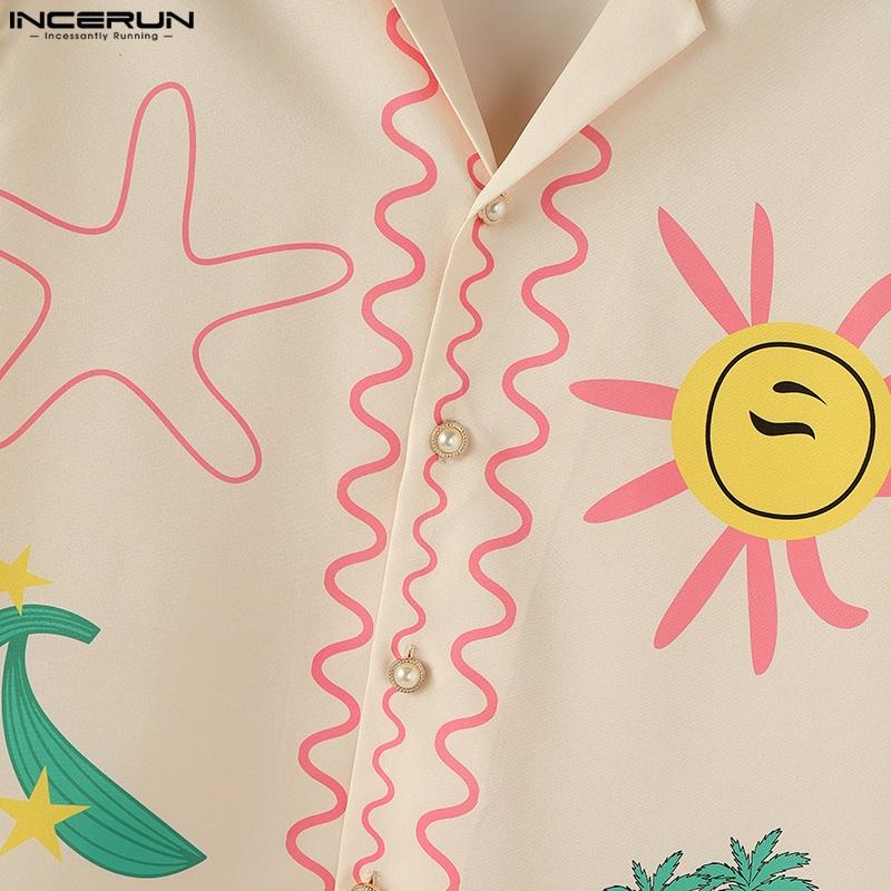 INCERUN S-XXXXXL Мужские рубашки с лацканами, с коротким рукавом, с мультяшным принтом, повседневные, свободного кроя