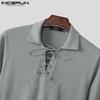 INCERUN Men Lace Up Lapel Neck Long Sleeve Tops Casual Bandage Pullovers Blouse