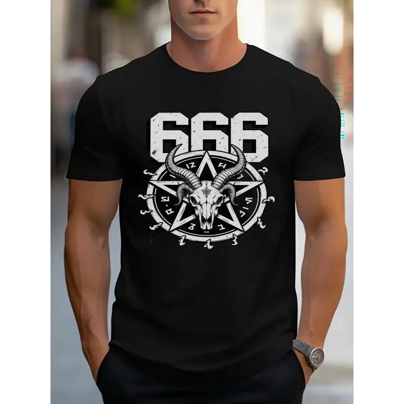 Европейские размеры Графическая футболка с дизайном 666 и Пентаграммой с Черепом Козла Смелая Заявление Футболка для Повседневной Носки Мода