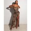 Leopard Print Women Chain Strap Side Slit Maxi Dress Backless Bodycon Sexy Streetwear Festival Evening Elegant
