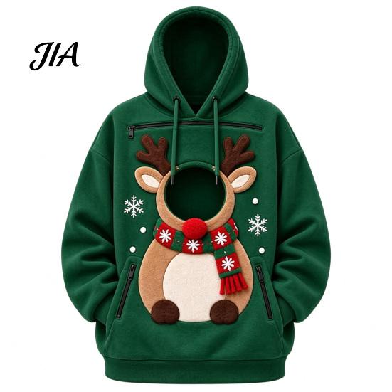 Soft Pet Travel Clothing Unisex Pouch Christmas Hoodie, Cute Dog Cat Carrier Hooded Sweatshirt with Print Graphic, Cozy Fleece Lined Animal