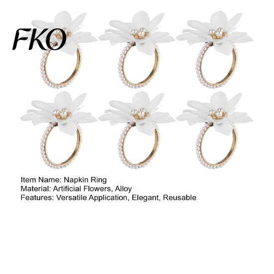 Napkin Ring 6Pcs White Lotus Rings, Chiffon Flower Metal Holders, Faux Soft Fabric Pearl Dinner Rings for Wedding Bridal Shower Table