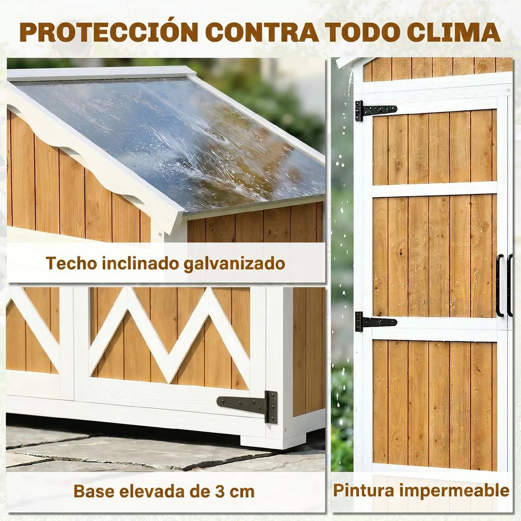 Wooden Garden Shed, 105 x 55 x 179 cm, Tool Cabinet, 4 Shelves, Natural, Galvanized Metal Roof