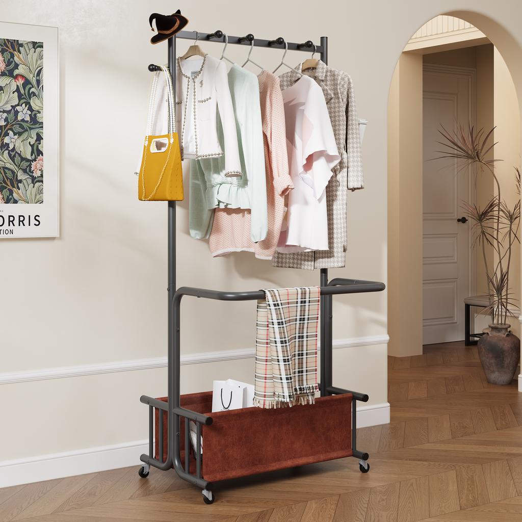Rolling Clothes Rack with Large Fabric Storage Basket, Multi-Hook Design Metal Clothes Hanger Stand with Wheels, for Bedroom, Entryway, Laundry Room