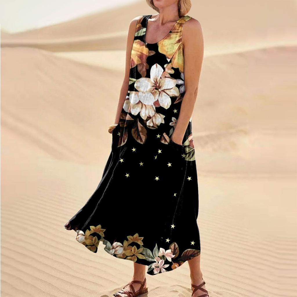 Printed Flower Casual Comfort Womens Sleeveless Pocket Dress