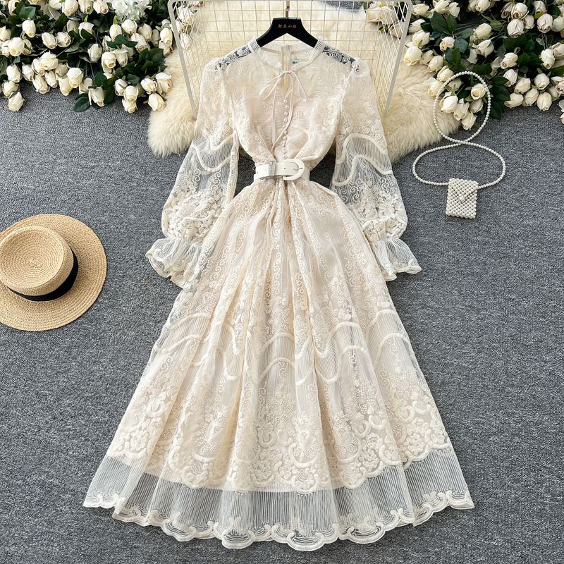 French Style Elegant Dress Women Spring High-Grade Heavy Embroidery Mesh Waist Hugging Slimming Puffy Fairy Long Skirt