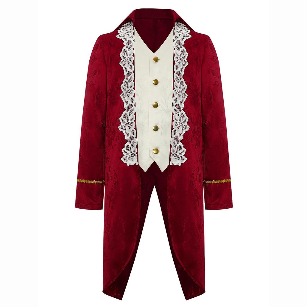 Boys Medieval Renaissance Victorian Jacket Turn Down Collar Long Sleeves Fake Two in One Lace Embroidery Tailcoat