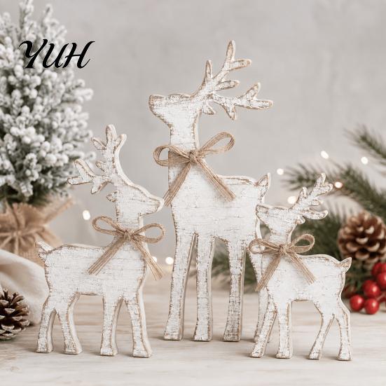 Decorative Wooden Elk Sign 3Pcs/Set Christmas Table Sign, Rustic Reindeer Family Tabletop Decoration, Seasonal Home Decor Jute Rope Bow Centerpiece