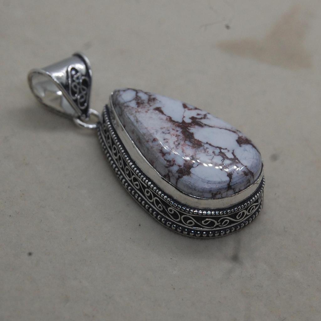 Pear Cab White Brown Wild Horse Magnesite Jasper 925 Sterling Silver Pendant Jewelry, Boho Style Designer Pendant Jewelry