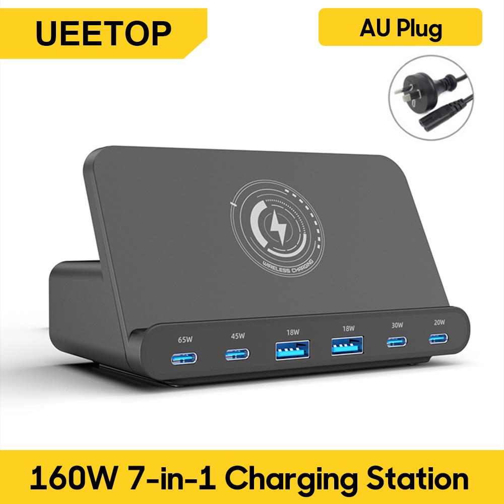 Ueetop 160 Вт USB-станция для зарядки Беспроводная зарядка 65 Вт PD PPS 45 Вт GaN Зарядное устройство Быстрое зарядное устройство для ноутбука Планшета iPhone 15 Samsung
